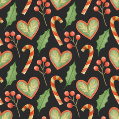 Fototapeta premium Watercolor seamless pattern merry christmas, new year, heart, candy staff, branch, leaf.