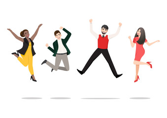Naklejka na ściany i meble Business people jumping celebrating victory. Cheerful multiracial people celebrating together. A diverse group of happy company team colleagues jumping. Flat vector winning characters collection