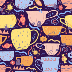 Cute cups and mugs flat hand drawn vector seamless pattern. Colorful background in abstract, scandinavian style. Cozy teatime design for wallpapers, wrapping, textile, fabric, decor, prints, cards.