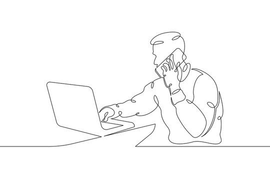 recommend clip art: A young man sits with a phone smartphone tablet in his hands. Communication on the Internet.