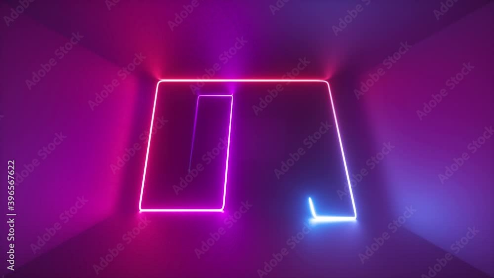 Poster 3d abstract ultraviolet background with dynamic glowing neon line moving inside long dark tunnel. pi