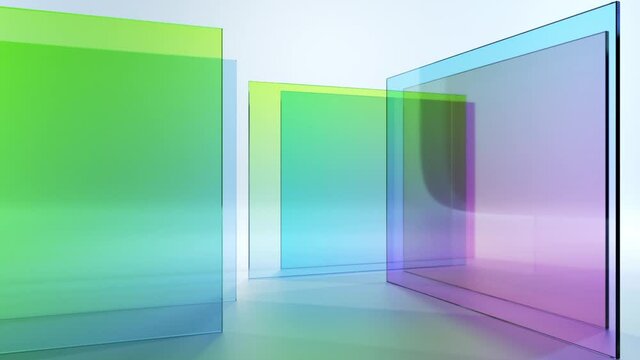 abstract background with colorful square translucent glass blocks spinning and rotating, looping animation