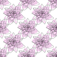 Hand drawn Lotus flower seamless pattern. Drawn black outline and abstract pink spots on a white background. Floral beautiful background in sketch style. Design for fabric, Wallpaper, wrapping paper