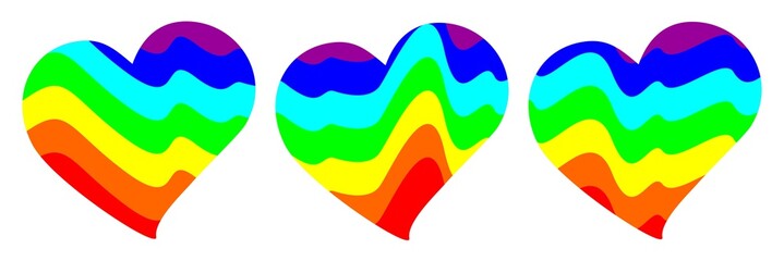 Vector illustration of three hearts. Abstract image depicting mountains or sea waves in colors of rainbow. Multicolored background