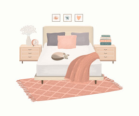 Modern home interior with bed, bedside tables, sleeping cat, rug. Cosy bedroom vector illustration	
