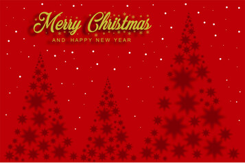 Red christmas background with star silhouettes, beautiful pine tree shape and merry christmas and happy new yeae text, stylish and elegant christmas and new year greeting card.