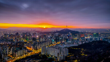 Sunrise and cityscape of Seoul. Aerial view