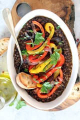 Lentils served with vegetables. Top view with copy space. Healthy food.
