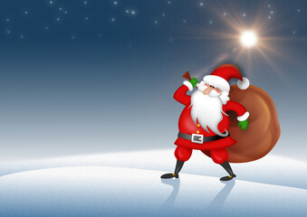 Santa Claus or Father Christmas walking across winter landscape carrying huge sack of presents as a watery cold evening sun casts his shadow on the crisp snow illustration.