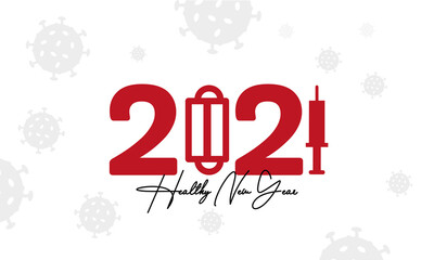 Healthy new year poster. Happy new year 2021 icon designed from the corona virus and syringe, the corona virus vaccine.