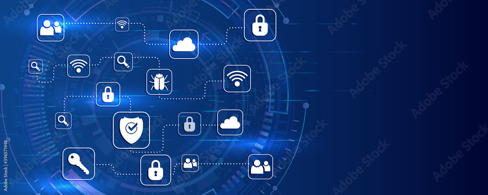 Poster Data protection, privacy, and internet security concept. Cyber security for business and internet project. Vector illustration of data security services.