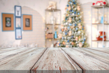 Wooden desk on christmas interior background, new year concept