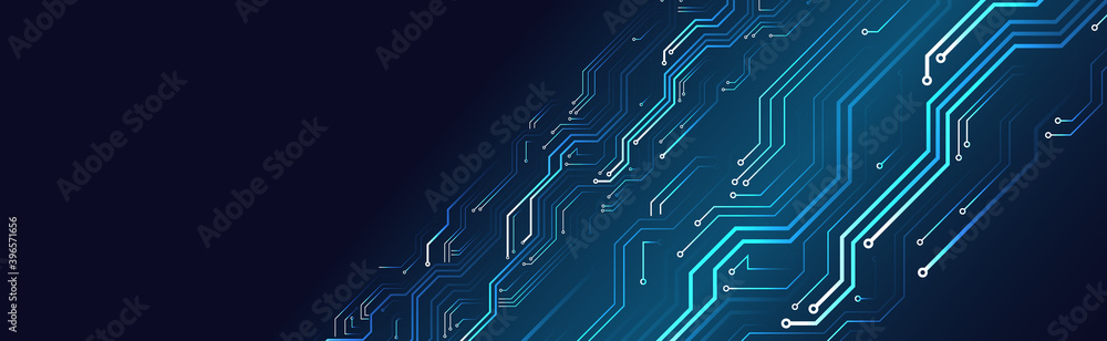 Poster Hi tech circuit board design innovation concept. Abstract futuristic wide communication vector illustration. Sci fi technology on the blue background.