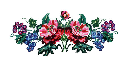 Ukrainian hand embroidery. Embroidered flowers in the old style. Composition of flowers. Isolated on a white background. - 396572026
