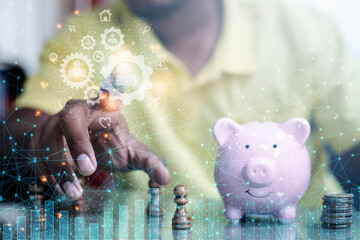 Business people touch technology icons Working as a network Money saving concept
