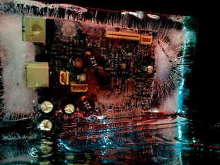 creative photo of an electrical circuit shining in the darkness like the lights of a night city