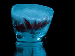 red flower in blue ice in abstract macro photography