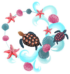 Abstract composition of sea turtles, shells, starfishes and waves