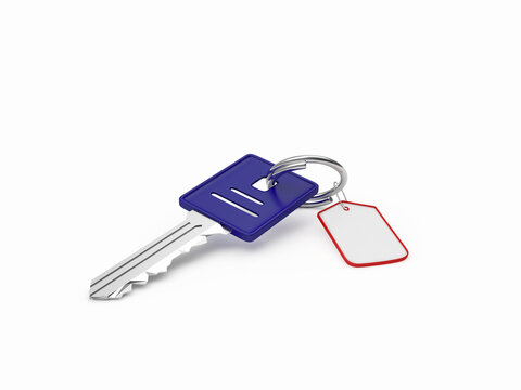 Key with blank label isolated on white background. 3D illustration