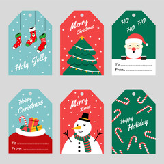Christmas gift tags set with handwritten decorative elements. Labels with socks, tree, Santa Claus, gift, candy and snowman. Vector illustration