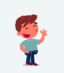 cartoon character of little boy on jeans waving informally while smiling