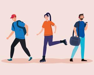 woman with rolling skates and men students with bags design, University education and school theme Vector illustration