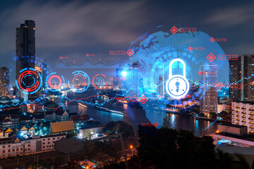 Glowing Padlock hologram, night panoramic city view of Bangkok, Asia. The concept of cyber security to protect companies. Double exposure.