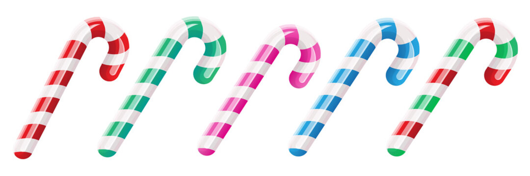 Christmas candy canes set isolated on white background. Xmas Stripped cartoon lolipops collection. Vector candy cane