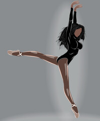 Black haired tanned ballerina in leotard and beige ballet slippers doing a split mid air © castecodesign