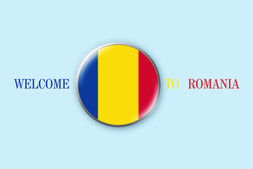 Fototapeta premium Round badge with flag Of Romania on a blue background. 3D illustration. Welcome to Romania. Travel.