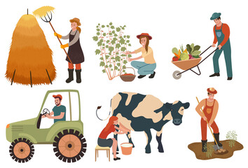 Agricultural workers. Farmers do agricultural work, planting and gathering crops Woman milks a cow and picking berries. Cartoon characters doing farming job. Vector illustration