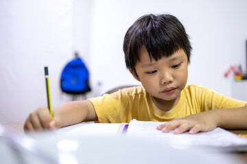 Portrait of a 7-year-old Asian boy doing his homework at home