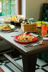 Table in a restaurant served for eating.