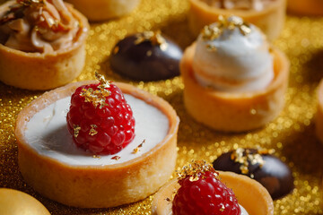 Close up on the raspberry and lemon meringue tarts with small chocolate bites
