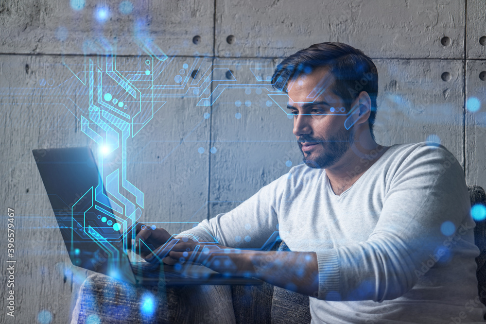 Poster a serious caucasian man in casual wears, typing laptop to create a new developers code for app. doub