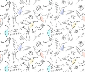 Black one line seamless pattern on white. Hummingbird birds fly over flowers in sketch style and pastel spots. For textiles, wrapping paper and web