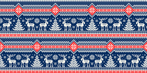 Christmas Pixel Pattern. Nordic Seamless Striped Ornament  with Elks and Christmas Trees. Scheme for Knitted Sweater Pattern Design. Winter Holiday Seamless Background.