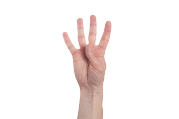 Man hand show four fingers on white background