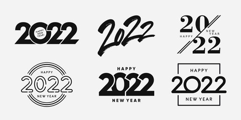 Big Set of 2022 Happy New Year logo text design. 2022 number design template. Collection of 2022 happy new year symbols. Vector illustration with black labels isolated on white background.  - obrazy, fototapety, plakaty