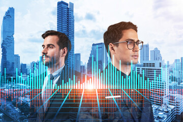 Two entrepreneurs in suits pondering about new venture capital and hi-tech start up and try to...