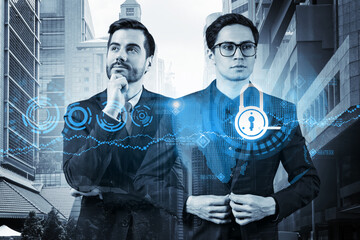 Two handsome businessman in suits thinking about career opportunities at cybersecurity compliance division to protect clients confidential information. IT lock icons over Singapore background.