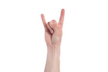 Hand shows the rock and roll sign isolated on a white background..