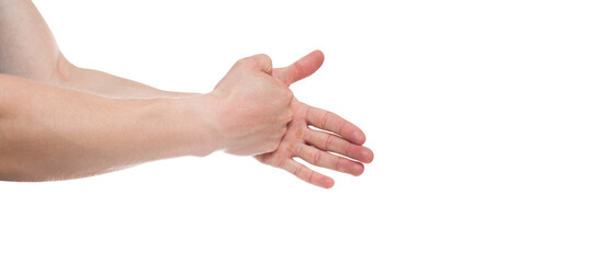 Hand with open palm on white background. Male hand in the attack and in defense of the hand