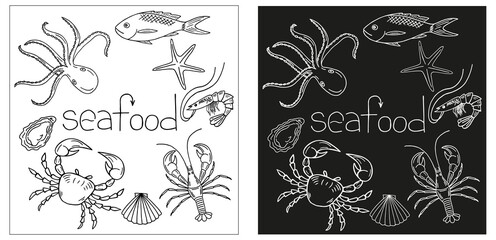 Set of sea food objects: shrimp, sea star, fish, octopus, oyster, crab, shell. Sea food lettering. Outlined vector illustartion. Hand drawn design.