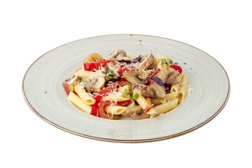 Penne pasta with mushrooms isolated on white