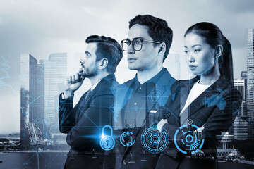 Group of business colleagues as a part of multinational corporate team working on project to...