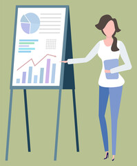Presentation at business seminar vector, isolated character with infocharts on stand . Whiteboard with diagram and growing flowchart woman presenter at work