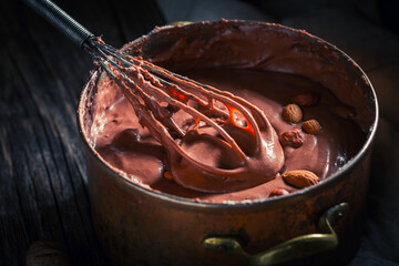 Closeup of delicious homemade chocolate made of cocoa and nuts