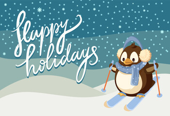 Merry Christmas happy holidays greeting poster vector. Penguin animal wearing warm clothes knitted scarf and headwear, skiing down hill winter scenery
