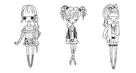 Fashionable girls in trendy outfits. Sketch. Vector illustration.
